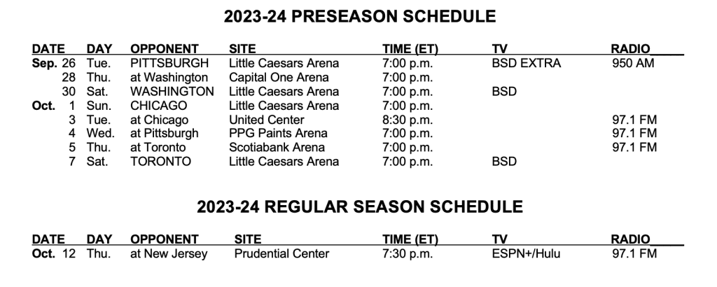 Detroit Red Wings Announce 2023-24 Preseason Schedule - Ilitch Companies  News Hub